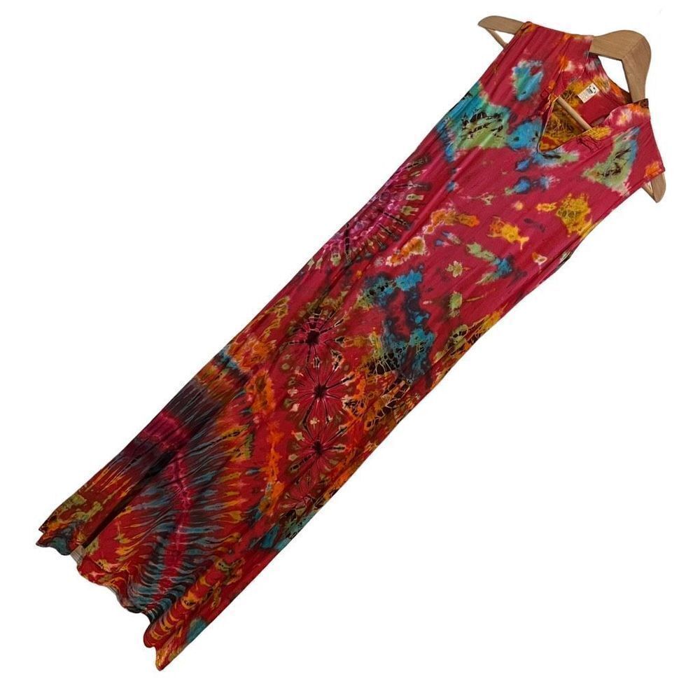Tie Dye Small Maxi Dress Mandarin Collar Sleeveless Festival